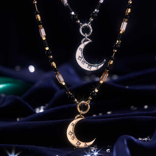 Midnight Rider Necklace set with genuine onyx beads and crescent moon charm on adjustable slider chain