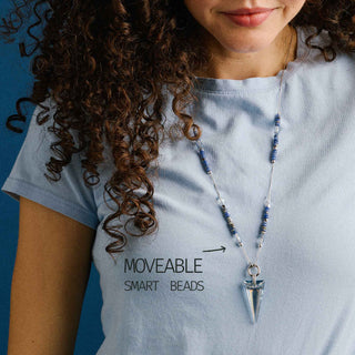 28 inch expandable necklace on model showing the movable beads to style different ways