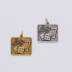 &LIVY Lucky 7 Charm in both antique gold and antique silver featuring Lucky script number 7 and dice engraving on square pendant